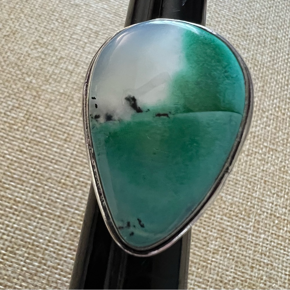 New Green Dendritic Dendrite Opal Stone Silver Overlay Ring 7.25 - 7.5